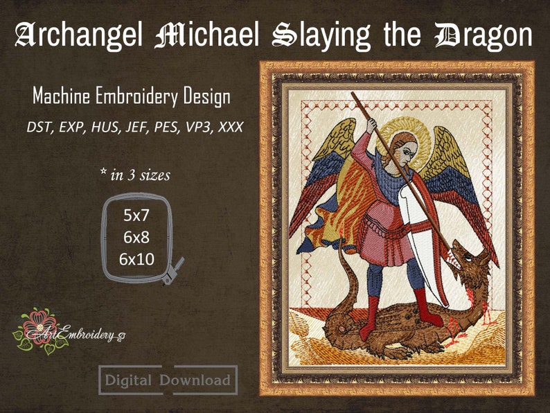 Archangel Michael Slaying the Dragon Machine Religious Embroidery Design in 3 sizes for hoop 5x7, 6x8 and 6x10 image 1
