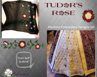 Tudor Rose Set - Machine Embroidery Designs set of  Single Roses and Roses Branches and Borders, Diamond, Ring, Star and Square