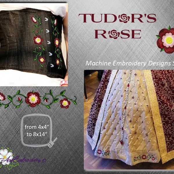 Tudor Rose Set - Maschine Embroidery Designs Set aus einzelnen Rosen und Rosen Zweigen und Bordüren, Diamant, Ring, Stern und Quadrat