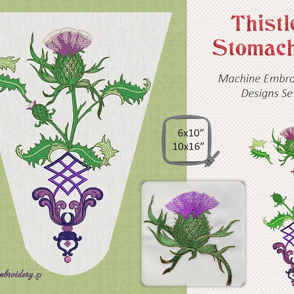 Thistle Stomacher - Diseño de bordado a máquina ensamblado y dividido en dos