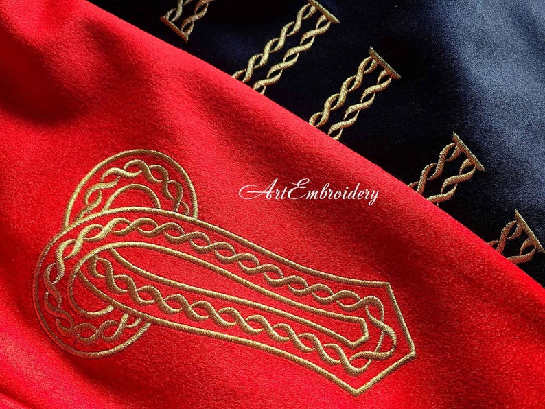May include: Gold embroidery design of a Celtic knot on a red fabric background. The design is intricate and detailed, with a repeating pattern of interlacing loops.