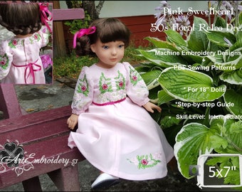 Pink Sweetheart 1950’s Floral Retro Dress for 18” doll - Set of ITH Machine Embroidery  and Sewing Pattern