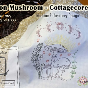 Moon Mushroom Machine Embroidery Design: Redwork Cottagecore (Digital Download)