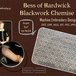 Può includere: Un download digitale di disegni di ricamo a macchina per una camicia in punto nero, ispirata a Bess of Hardwick. I disegni sono disponibili in dimensioni da 5x7 a 9x14 punti e nei seguenti formati: DST, EXP, HUS, JEF, PES, VP3 e XXX.