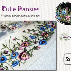 May include: Machine embroidery design set featuring pansies in shades of blue, purple, and yellow, with green stems and leaves. The text "Tulle Pansies" and "Machine Embroidery Designs Set" are displayed.