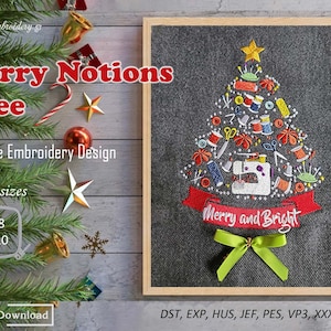 Merry Notions Tree - Machine Embroidery Christmas Design in  sizes for hoop 6x8&quot;, 6x10&quot;.