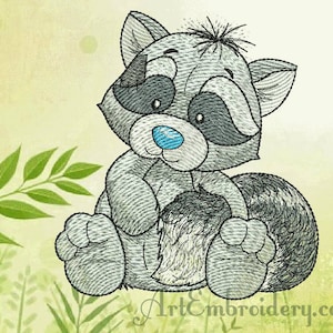 Raccoon - Machine Embroidery Patched  Animal Design  in  Cartoon  Style of a series Old Toy in 2 sizes  for  hoop 4x4 and  5x5"