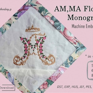 AM, MA Floral Monogram – Machine Embroidery Double Letter Initials Design in 4 sizes for hoop 5x5&quot;, 6x6&quot;, 8x8&quot;