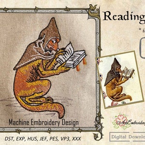 Reading Fox - Machine Embroidery Mystical Creature Design in 2 sizes for hoop 4x4&quot;, 5x5&quot; from Medieval illuminated manuscript bestiary