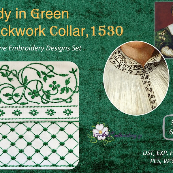 Lady in Green Blackwork Halsband - Maschinenstickmotive Set