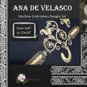 Ana de Velasco - ensemble de motifs de bordures de broderie machine pour costumes historiques Renaissance, élisabéthain, Tudor, du 16 siècle