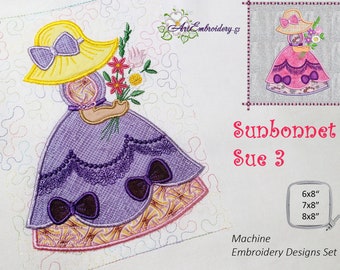 Può includere: Set di disegni per ricamo a macchina di una ragazza con un vestito viola e un cappello di sole giallo che tiene un mazzo di fiori. Il disegno è disponibile nelle dimensioni dell'anello 6x8, 7x8 e 8x8 pollici.