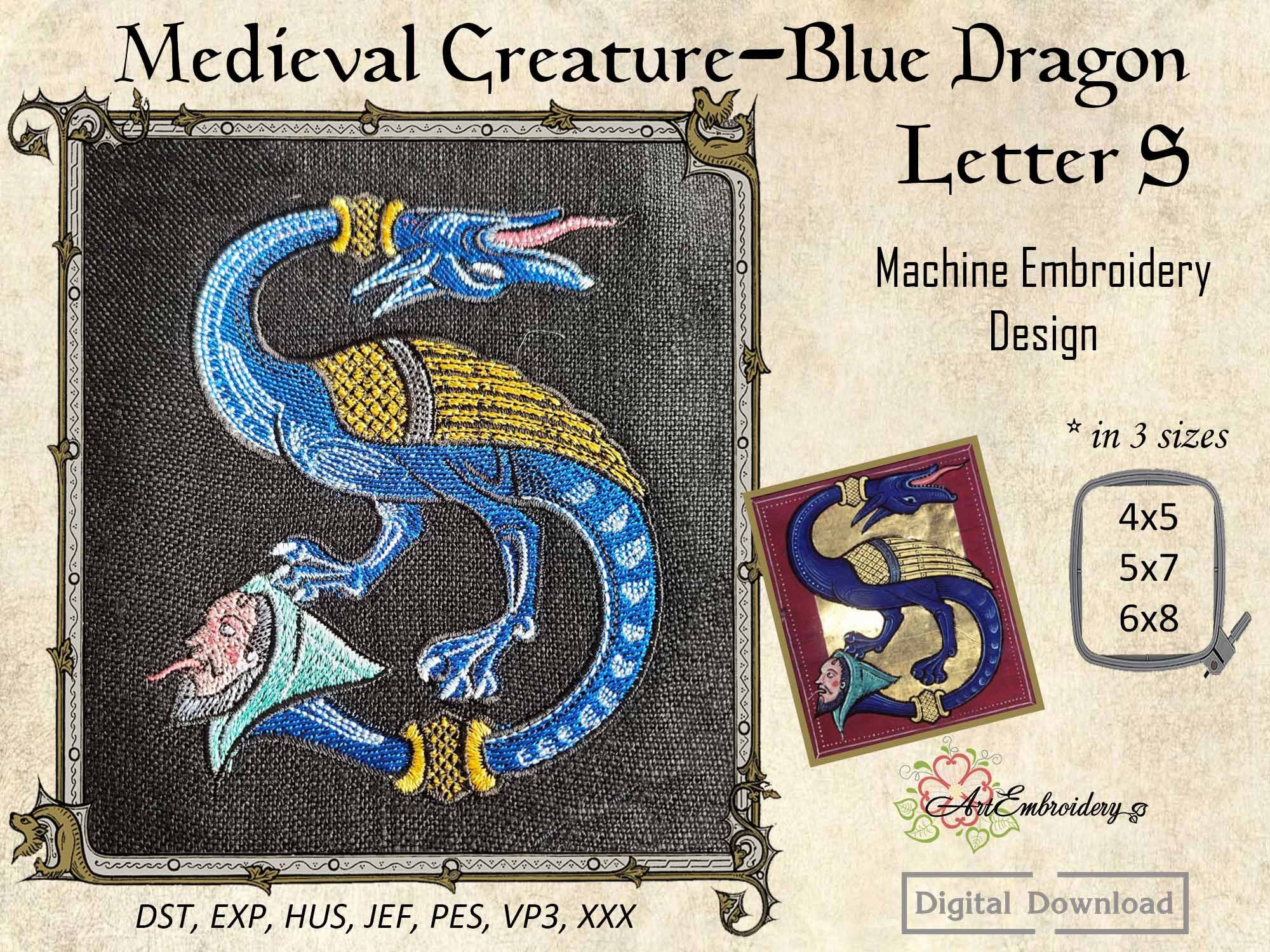 Blue Dragon Letter S Machine Embroidery Design: Medieval Bestiary