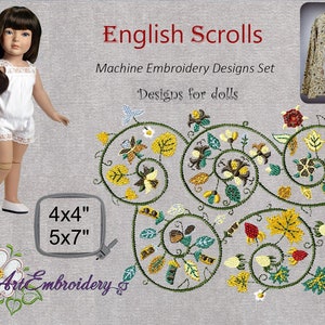 May include: Machine embroidery design set for dolls, featuring a floral scroll pattern in yellow, green, and brown. The design is available in two sizes: 4x4 inches and 5x7 inches. The image also shows a doll wearing a white dress.