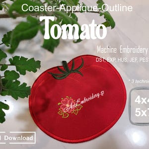 Tomato Coaster Machine Embroidery Design: Applique & Outline (4x4, 5x7) (Digital Download)