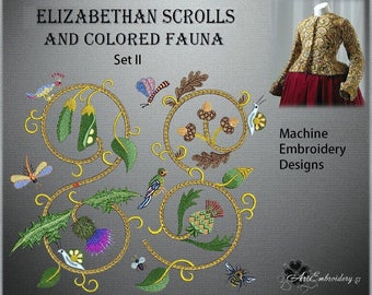 Elizabethan Scrolls and Colored Fauna -  Gold-work Imitation Embroidery Designs Set II