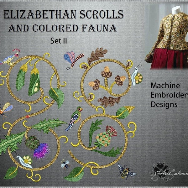 Elizabethan Scrolls and Colored Fauna -  Gold-work Imitation Embroidery Designs Set II