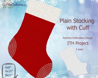 May include: Red and white Christmas stocking with a white cuff. The stocking is designed for in-the-hoop embroidery and comes in three sizes: 6x8 inches, 8x10 inches, and 8x12 inches.