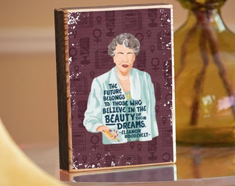 Citação e ilustração de Eleanor Roosevelt, arte de parede, transferência de imagem em madeira