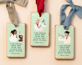 Marie Curie quote + woman scientist illustration on Wood Holiday Christmas Ornament - Choose your favorite scientist illustration!