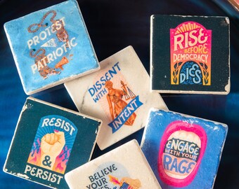 Protest Dissent Art Marble Coasters, Custom Set of 4, Political Sayings Home Decor