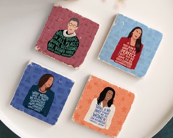 Collection of feminist quotes and illustrations on marble coasters - MADE TO ORDER