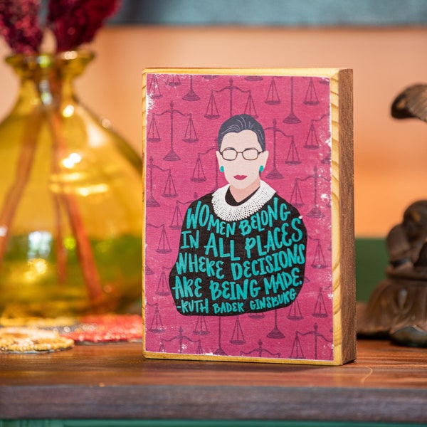 Ruth Bader Ginsburg Feminist quote illustration wall art, image transfer on wood - MADE TO ORDER