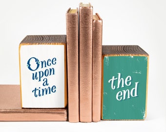 Once upon a time, the end, storybook wood bookends, image transfer - MADE TO ORDER