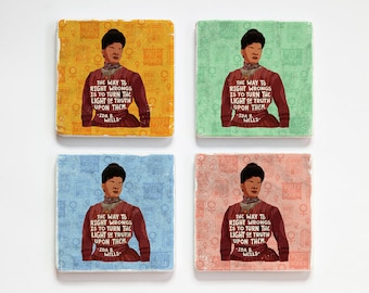 Ida B. Wells, "The way to right wrongs is to turn the light of truth upon them." Illustration on marble coasters