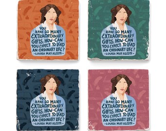 Louisa May Alcott illustrated feminist icon set of 4 marble coasters - MADE TO ORDER