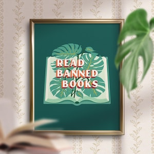 Read Banned Books, open book illustration Wall Art Print