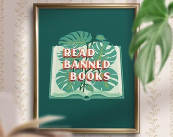 Read Banned Books, open book illustration Wall Art Print
