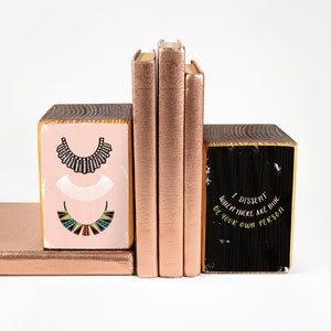 Wood bookends with Ruth Bader Ginsburg dissent collar illustrations and quotes, image transfer - MADE TO ORDER
