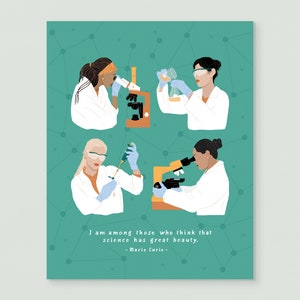 Women in Science + Marie Curie quote, illustrated art print, 8x10 art print wall decor