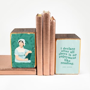 Jane Austen illustration + Pride and Prejudice quote, wood bookend set, image transfer - MADE TO ORDER