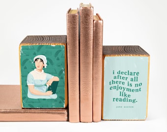 Jane Austen illustration + Pride and Prejudice quote, wood bookend set, image transfer - MADE TO ORDER