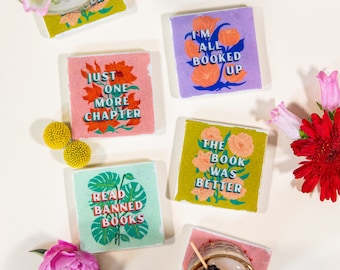 Book Lover Sayings marble coaster set, featuring colorful flower and plant illustrations, great literary gift for readers