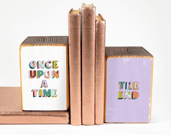 Once upon a time, the end, storybook/fairytale colorblock wood bookends - MADE TO ORDER