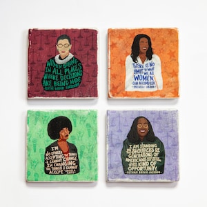 Collection of iconic feminist woman quotes and illustrations on marble coasters - MADE TO ORDER