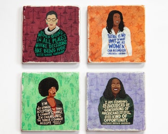 Collection of iconic feminist woman quotes and illustrations on marble coasters - MADE TO ORDER