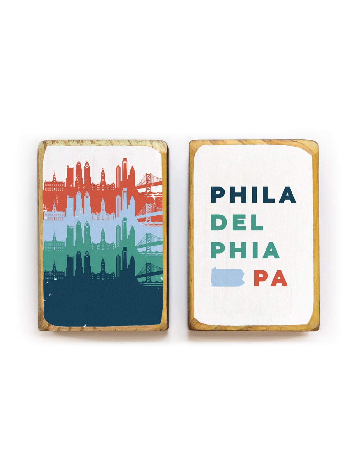 Wood Bookends With Philadelphia Pennsylvania Retro Skyline Etsy