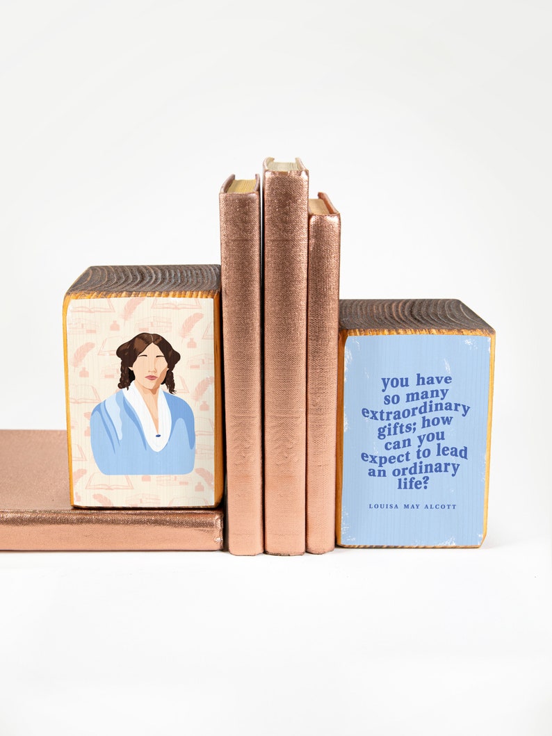 Louisa May Alcott illustration quote, wood bookend set, image transfer MADE TO ORDER image 1