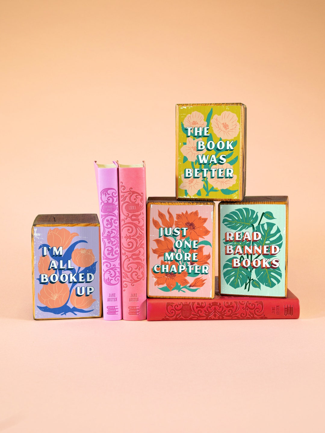 Wood Bookend With Book Lover Quote Flower/plant Illustration, Gift Idea