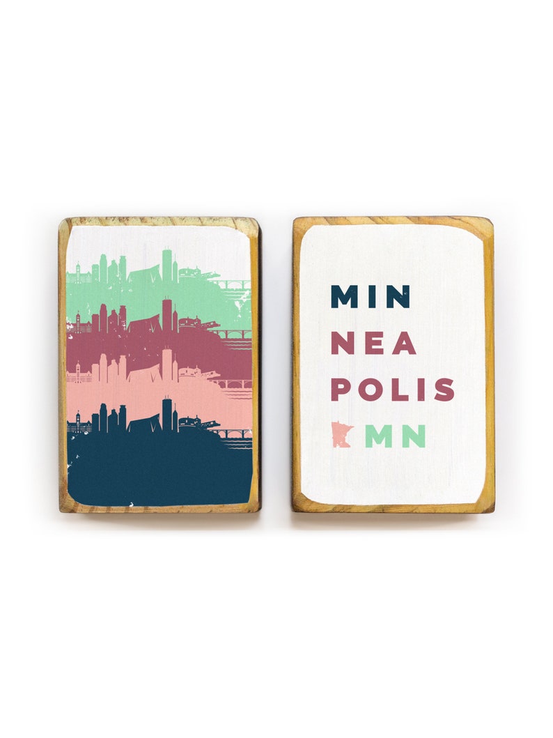 Wood Bookends With Minneapolis Minnesota Retro Skyline Etsy