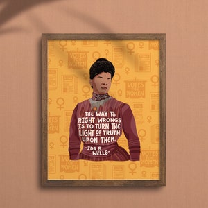 May include: A yellow background with a repeating pattern of a woman symbol, a newspaper, and the text "Votes for Women". A portrait of Ida B. Wells is in the center of the image. The quote "The way to right wrongs is to turn the light of truth upon them." is below the portrait. The quote is attributed to Ida B. Wells.