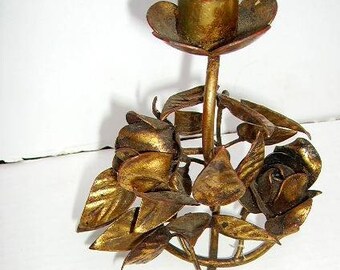 Vintage Italian Tole Gold Roses Candleholder/Shabby Cottage Chic