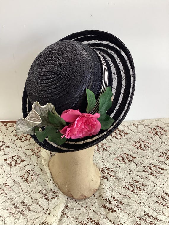 Vintage Black With Pink Rose Ladies Hat - Etsy display picture 2
