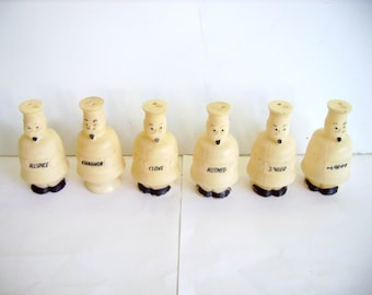 Vintage 1950's Figural Chef Spice Jars Set of 6/Vintage Kitchen Spice Set/Mid-Century Spice Set