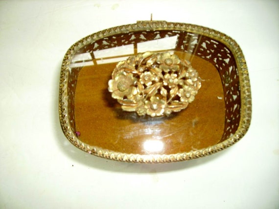 Vintage Gold Filigree and Glass Jewelry Casket/Mi… - image 6