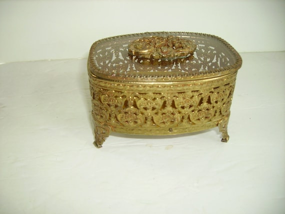 Vintage Gold Filigree and Glass Jewelry Casket/Mi… - image 1